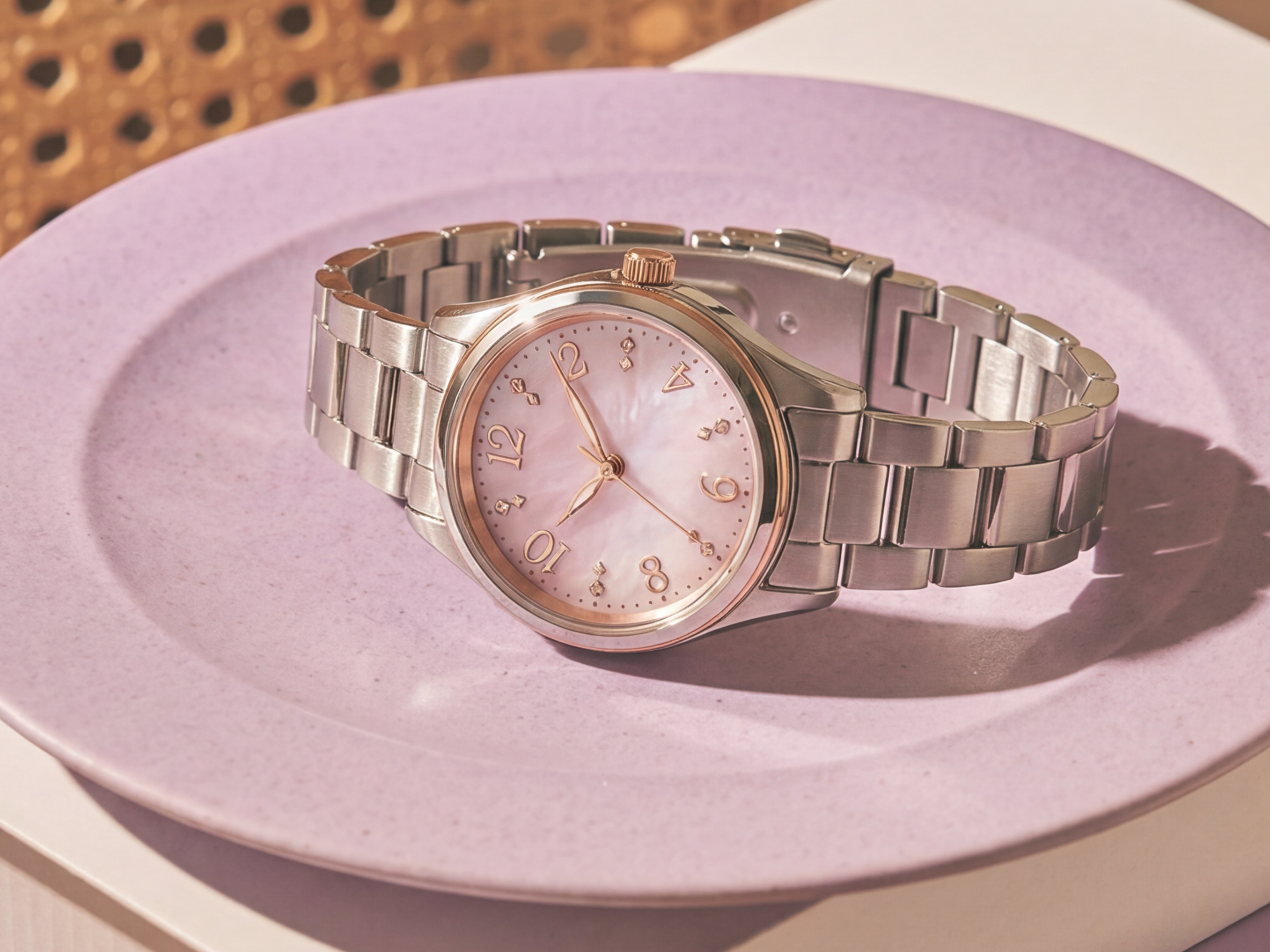 MOTHER OF PEARL watch on a pink plate